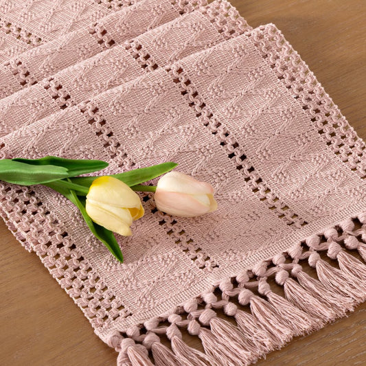 Socomi Boho Table Runner Macrame Long Fall Thanksgiving Farmhouse Woven Cotton Linen Rustic Coffee Table Runner with Tassels for Dresser Scarf Home Decor Dining Room 12x108 in Pink