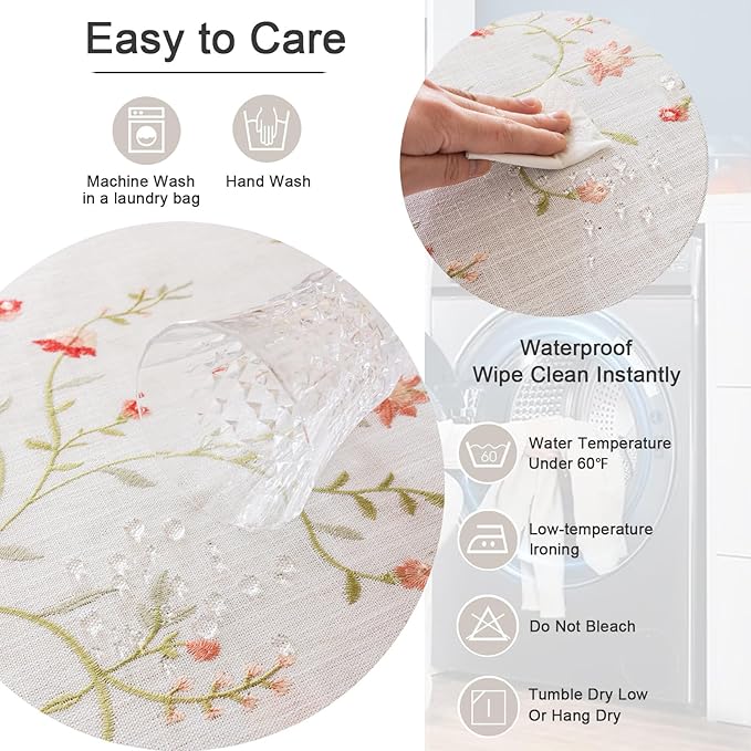Joyfol Day Linen Waterproof Tablecloth with Tassels, Rustic Farmhouse Flowers Embroidery Table Cloths for Rectangle Tables, Heavy Weight Spill-Proof Table Covers, Pink Florals, 55''x 70''
