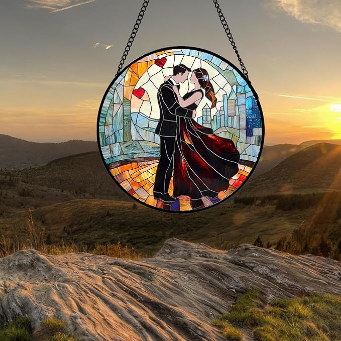 Stained Glass Window Hanging Couples Embracing Red Heart 9.8" - Suncatcher Door Garden Sun Catcher Decor Birthday Anniversary Valentines Day Gifts for Woman Wife Men Her Him Lovers