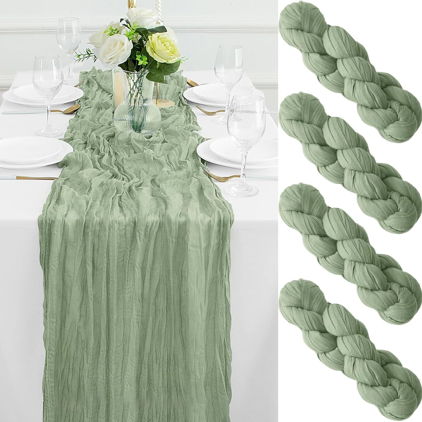 4Pack Sage Green Table Runner 10FT Cheesecloth Table Runner 35x120Inch Long Boho Gauze Cheese Cloth Table Runners Rustic Sheer Table Runners for Wedding Baby Shower Bridal Shower Decor