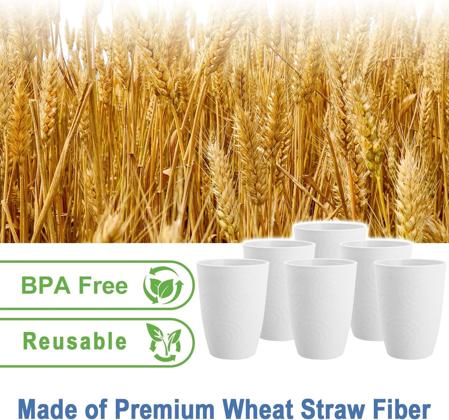 Drinking Glasses - Wheat Straw Cups Unbreakable Plastic Tumbler Set of 6 Alternative to Plastic Glasses Drinking Reusable Drinking Cup Dishwasher Safe Water Glasses Cups 12 OZ - White