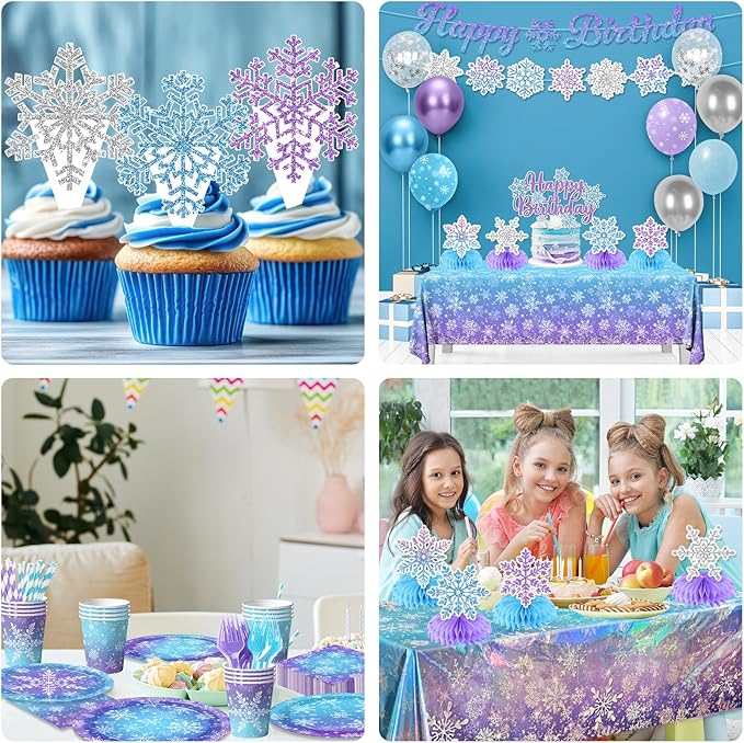 Winter Wonderland Birthday Party Decorations,Snowflake Paper Plates and Napkins, Snowflake Paper Cups,Tablecloth,Banner,Balloon,Cake Topper for Christmas Winter Birthday Party Supplies