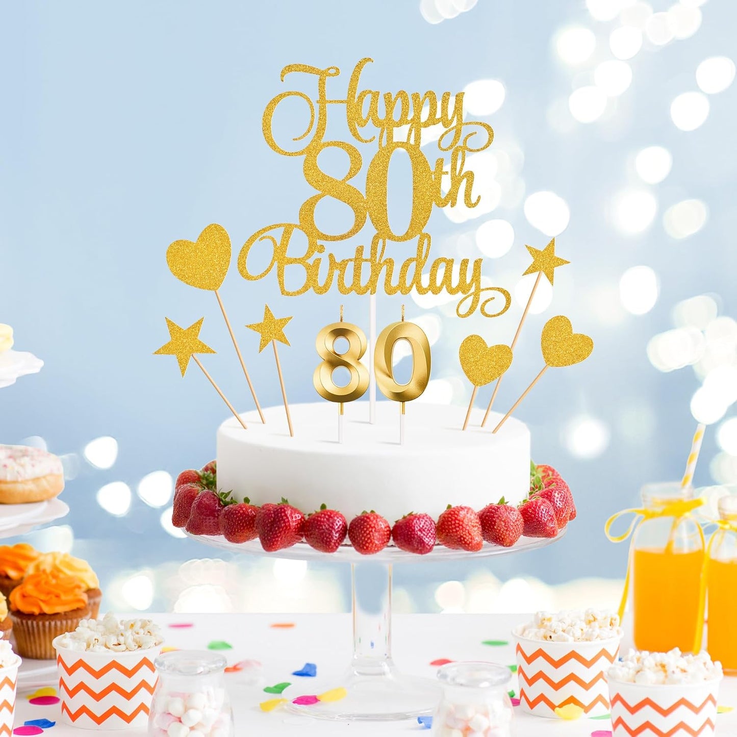 80th Birthday Cake Decorations, 80th Birthday Candles Cake Numeral Candles and Glitter Happy 80th Birthday Cake Toppers Set for Birthday Party Supplies (Gold)