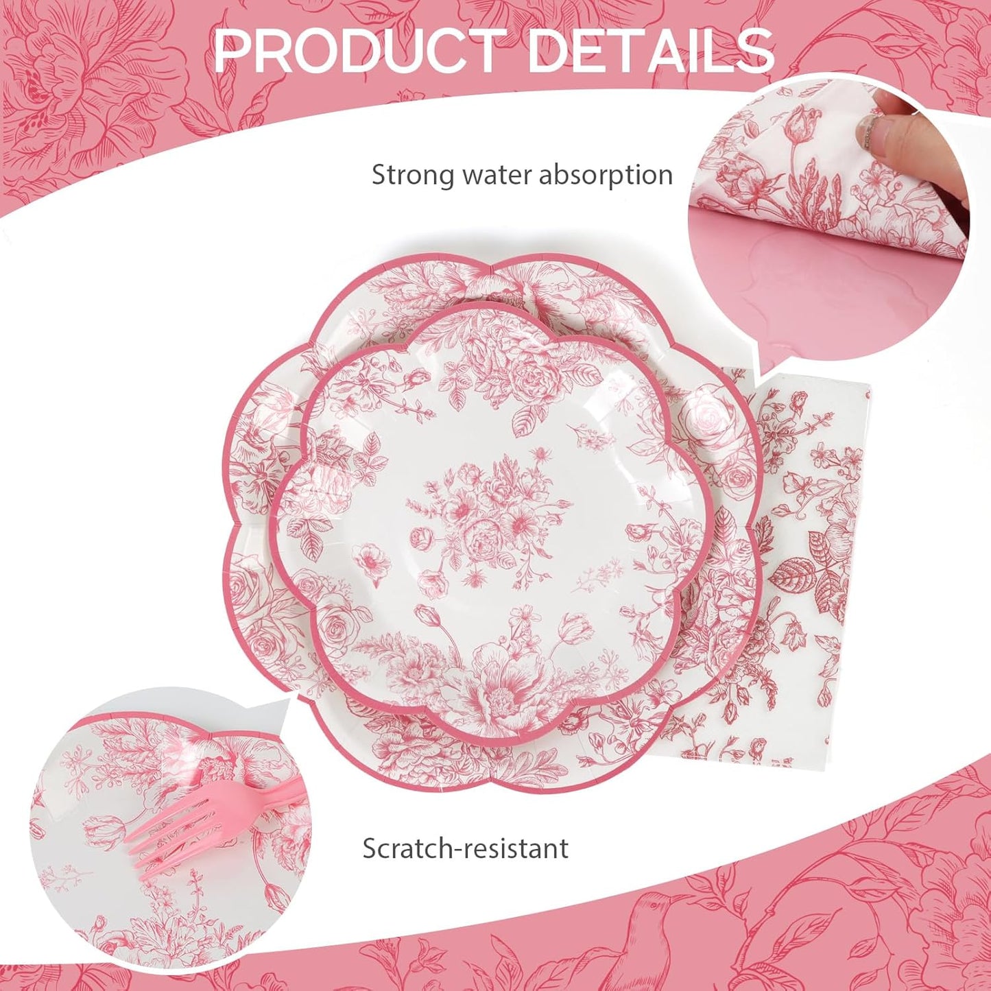 96pcs Party Plates Pink Flower Disposable Tableware Set 7"&9" Paper Plates, Cups and Napkins for 24 Guests Party Table Supplies for Tea Party Baby Shower Brial Shower Birthday Wedding