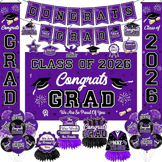 Graduation Decorations Class of 2026 Purple Graduation Party Decor Set include Congrats Grad Banner Backdrop Class of 2026 Balloons Party Supplies