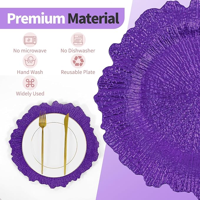 50 Pcs Purple Charger Plates Bulk 13 Inch Plastic Charger Plates for Dinner Plate, Purple Chargers for Table Setting, Reef Design Plate Floral Decorative Round Chargers for Wedding Party Event