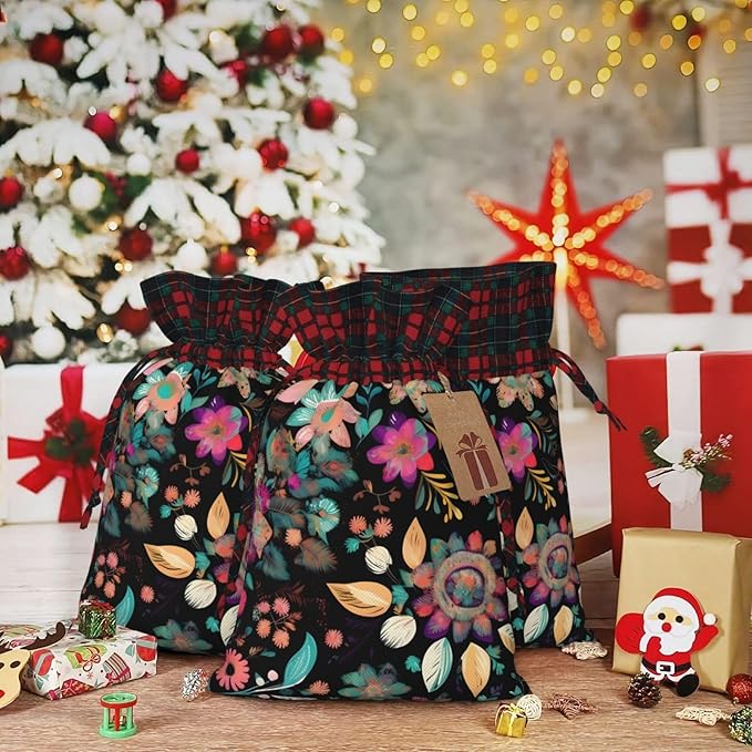 PULaif Colorful Boho Florals Christmas Drawstring Gift Bags, Large Size Christmas Bags For Gifts Party Favors, Xmas Gift Bags