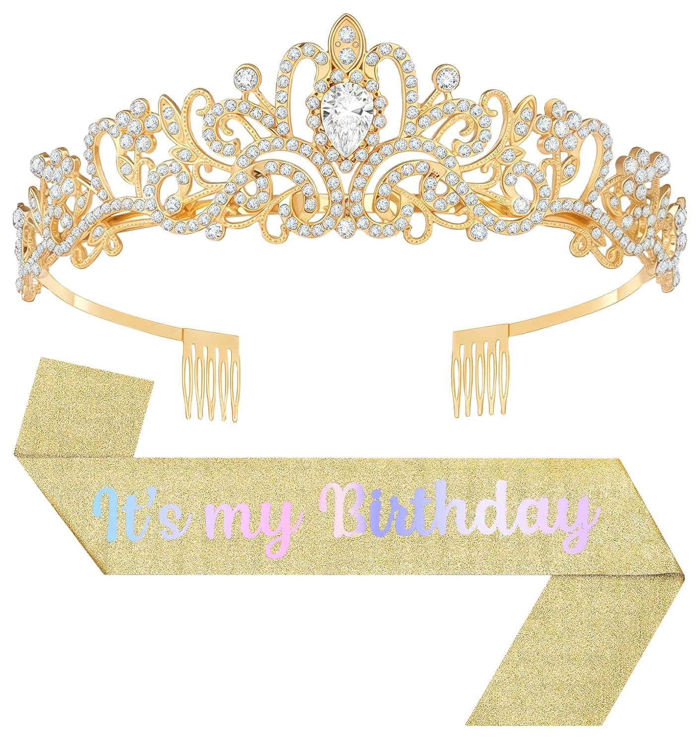 Birthday Tiara and Crown with Sash, Birthday Tiara for Women Party (Gold)