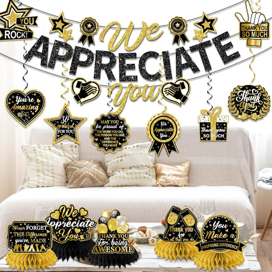 We Appreciate You Decorations, Black Gold Thank You Decorations includes We Appreciate You Banner and Employee Appreciation Table Decorations and Hanging Swirls for Pastor Appreciation Decorations