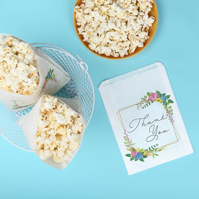 Big Dot of Happiness Wildflowers Thank You Paper Treat Bags, Boho Floral Bridal Shower or Wedding Party Individual Candy Snack Favors, Greaseproof White Sandwich Cookie Bags - 25 Count