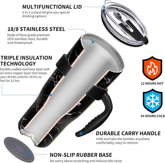 THILY Stainless Steel Vacuum Insulated Tumbler 40 oz Coffee Travel Mug with Handle and Lid, Reusable, Sweat Proof, Keep Drinks Cold for 34 Hours or Hot for 12 Hours, BPA Free, Black Marble