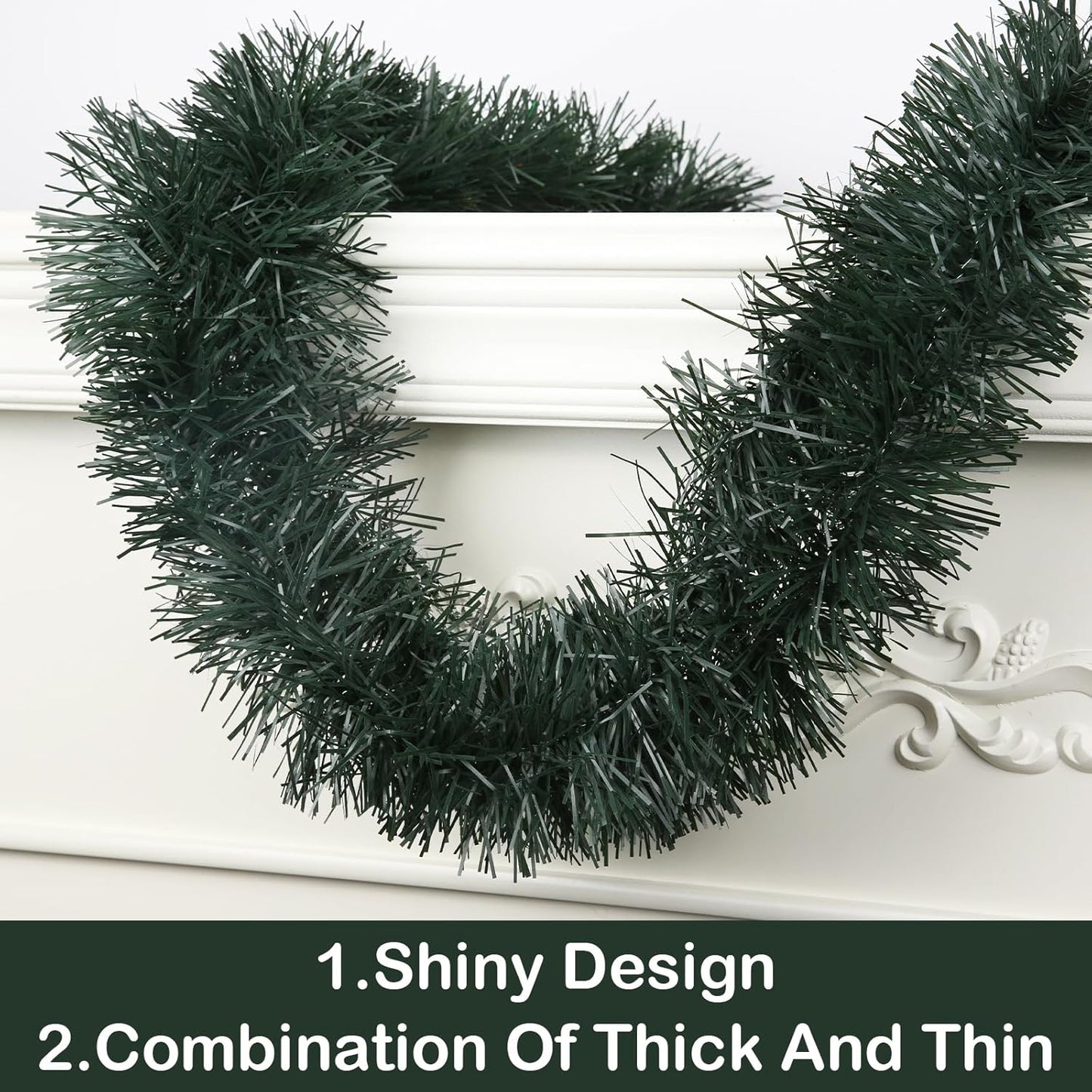 50FT PVC Green Christmas Tinsel Garland Tinsel Twist Greenery Garland for Christmas Tree Decorations, Xmas Tree Decor for Home Indoor Party Supplies