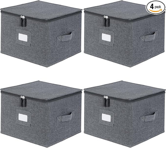 popoly China Storage Containers Inside 12" W x 8" H, Dinnerware Storage Box for Dishes Plate Storage with 24 Felt Dividers, Hold 24 Plates, Hard Shell and Stackable（4PACK