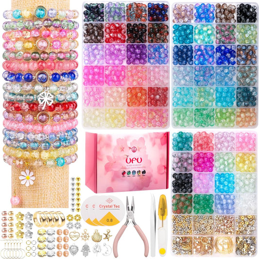 UFU 8mm Glass Beads Bracelet Making Kit, 1540+ Pcs 62 Colors Crackle Glass Beads for Jewelry Making, Round Crystal Beads for Bracelets Necklace Earrings DIY Crafts Gifts