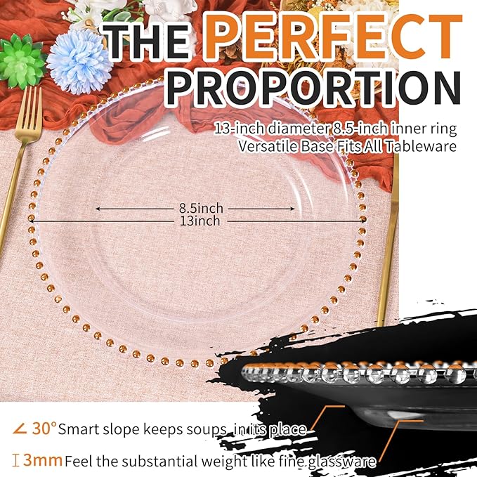 12 Pack Clear Charger Plates Bulk Wedding, 13 Inch Plastic Round Dinner Chargers with Orange Beaded Rim, Acrylic Round Decorative Plates for Wedding Party Home and Tabletop Decor (Orange)
