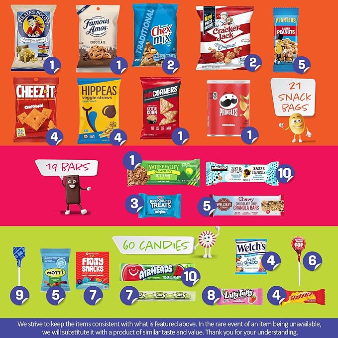 I AM Snacky - Halloween Trick or Treats Snack Box Variety Pack Care Package + Greeting Card - SNACKY'S PARTY PACK (100 Count) Birthday Sweet Treats Gift Basket, Candies Chips, Office Food Assortments