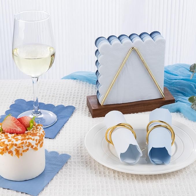 100 Pcs Blue Scalloped Napkins Gradient Color Cocktail Napkin Folded 5 x 5 Beverage Napkins Disposable Paper Napkins for Birthday Party Supplies