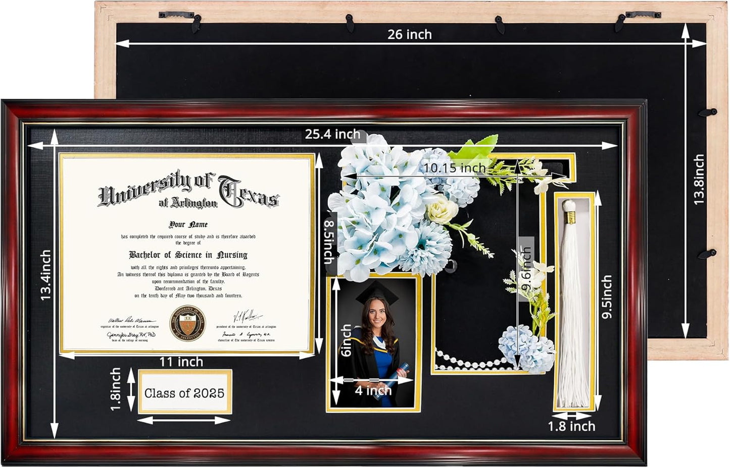 GraduationMall Class of 2025 Graduation Frame for 8.5x11 Diploma & 4x6 Photo with Graduation Cap & Tassel Holder, Cherry Wood Display Case with Black Gold Mat