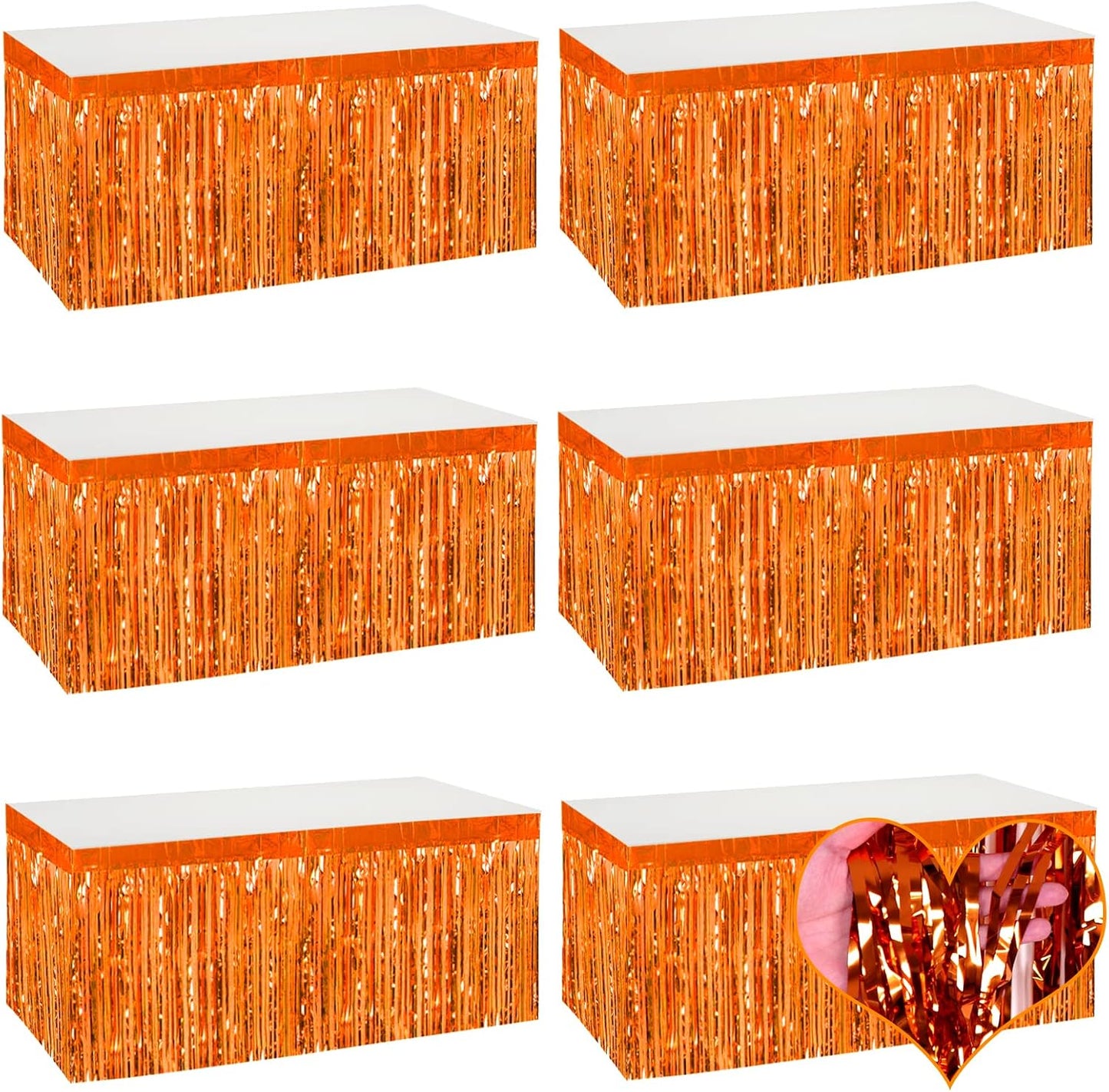 6 Pack 29x108 Inch Orange Metallic Foil Fringe Table Skirts Banner for Tinsel Streamer Garland Curtains Backdrop for Parade Floats Wedding Baby Shower Birthday Christmas Halloween Party Decoration