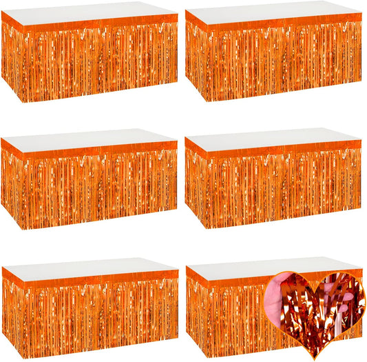 6 Pack 29x108 Inch Orange Metallic Foil Fringe Table Skirts Banner for Tinsel Streamer Garland Curtains Backdrop for Parade Floats Wedding Baby Shower Birthday Christmas Halloween Party Decoration