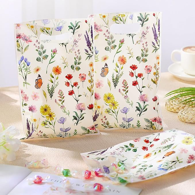 100 Pcs Wildflower Gift Bags Vintage Wildflower Party Favor Bag with Handle Plastic Goodie Candy Treat Gift Wrapping for Wedding Baby Shower Birthday Party Favors Supplies (Retro)