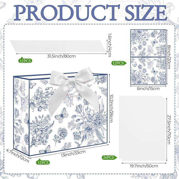 Maitys 12 Pack 13" Large Blue Floral Gift Bags Bulk with Handle, Tissue Papers, Ribbons and Greeting Cards Peony Flower Paper Bags for Wedding Bridesmaid Bridal Shower Engagement Birthday Party Favors