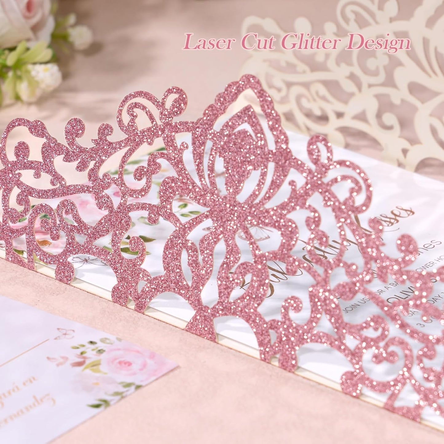 50Pcs Pink Glitter Laser Cut Wedding Invitations with Envelope and RSVP Blank Quinceanera Invitation Cards and Bow Ribbon for Bridal Baby Shower Engagement XV Anos Sweet 16 Birthday Invitation Girl