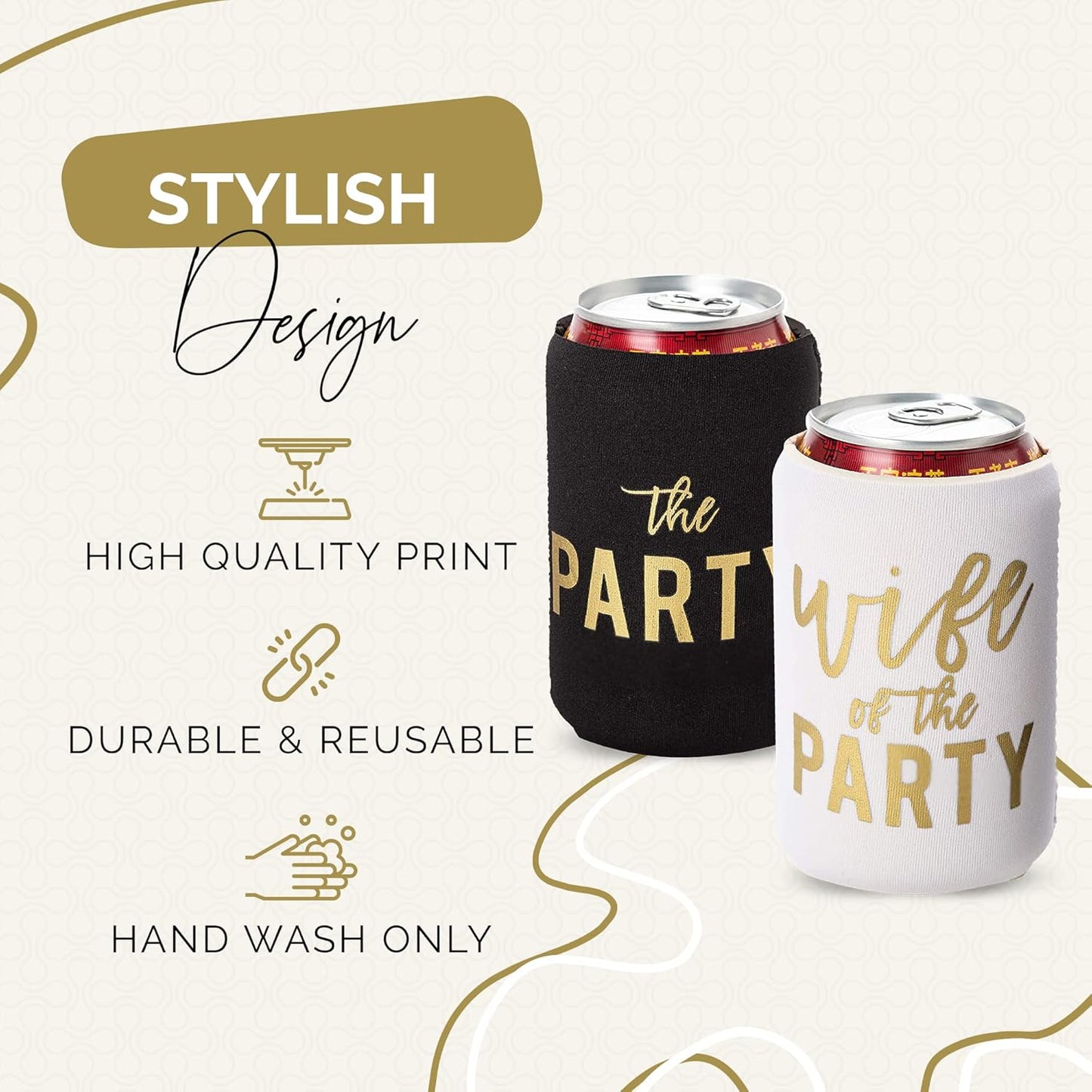 Wife of the Party and The Party Bachelorette Can Coolers - Set of 12, Perfect for Decorations and Bridesmaid Gifts (Black, Regular)