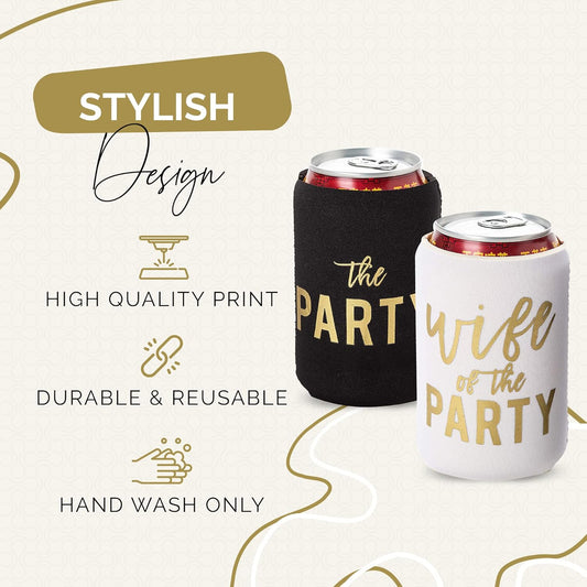 Wife of the Party and The Party Bachelorette Can Coolers - Set of 12, Perfect for Decorations and Bridesmaid Gifts (Black, Regular)
