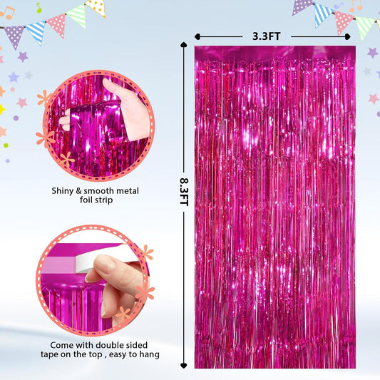 2Pack Hot Pink Metallic Tinsel Foil Fringe Curtains Backdrop for Pink Party Birthday Wedding Bachelorette Baby Shower Holiday Party Decorations Photo Booth Props, Bachelorette Christmas Party Decors