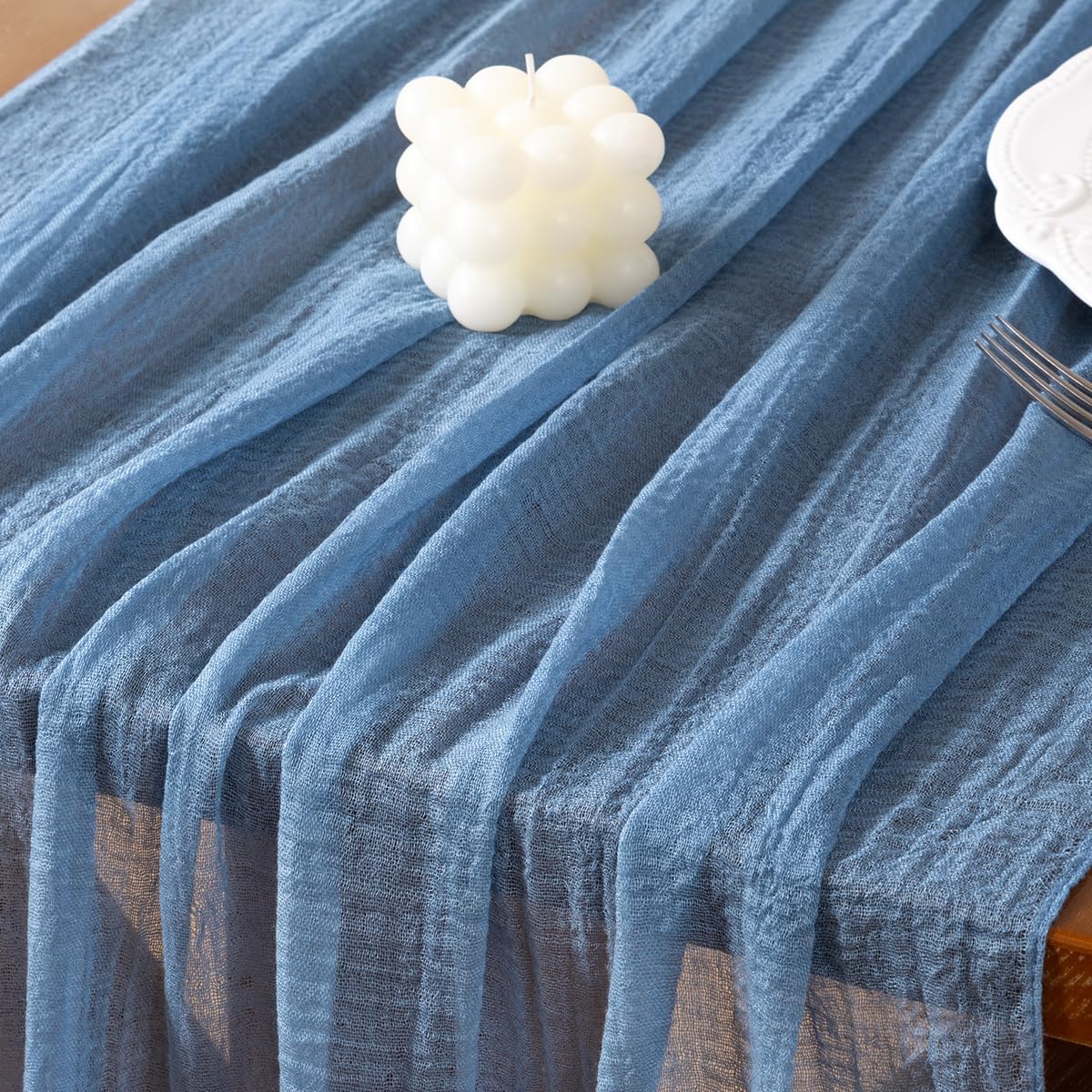 Socomi Dusty Blue Fall Thanksgiving Gauze Cheesecloth Table Runner 120 Inch Rustic Boho Cheese Cloth Runner for Wedding Party Baby Bridal Shower Centerpiece Decoration Holiday Home Decorations
