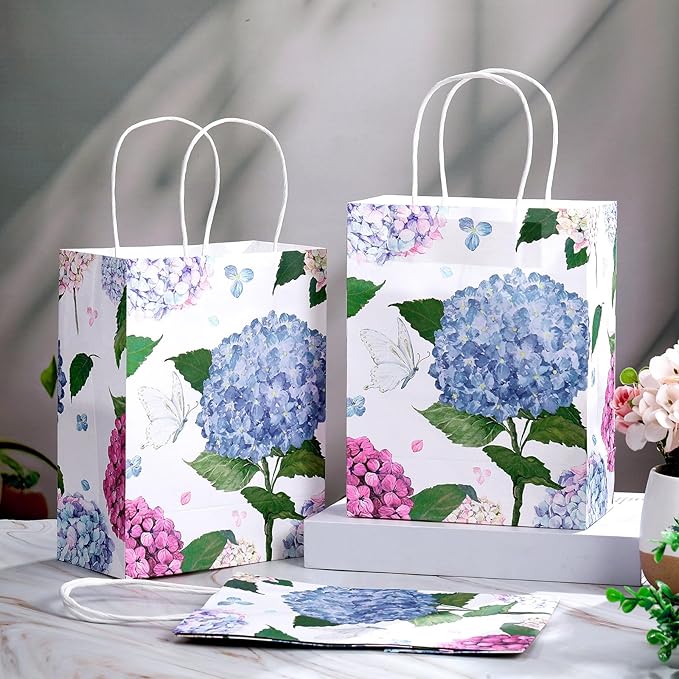 24 Pcs Floral Gift Bags Watercolor Hydrangea Paper Gift Bags with Handles Summer Party Favor Bag for Wedding Birthday Baby Shower