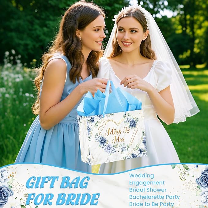 Blue Bridal Shower Gift Bag Wedding Miss to Mrs Gifts Bag with Tissue and Card Bridal Shower Gift Wrapping Paper Bag Floral Boho Christmas Wedding Gift Bags Bride Engagement Bachelorette Party Bag
