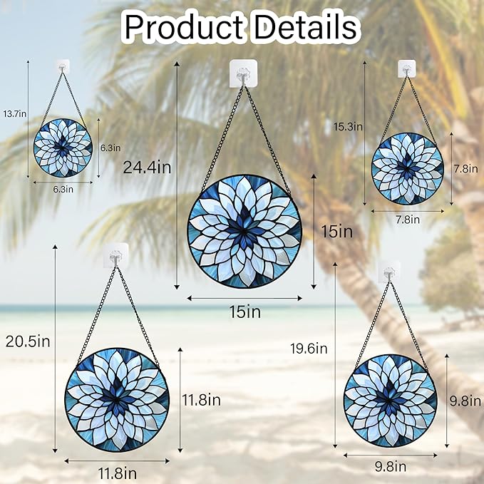 Stained Glass Suncatcher, Blue White Multi-Petal Flowers Sun Catcher Landscape Stain Glass Window Hanging Decoration Mother's Day Birthday Gifts for Women Men Mom Nana 15 in