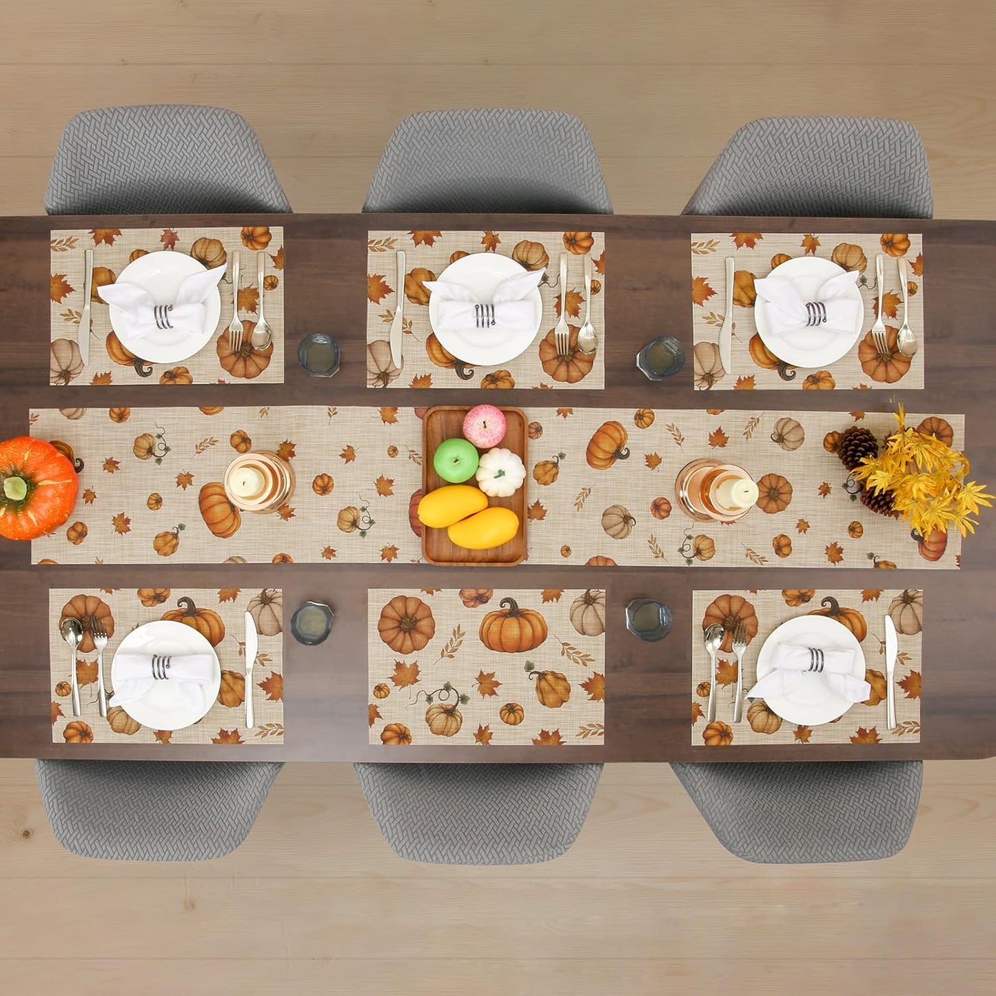 Thanksgiving Placemats Set of 6 Fall Table Mats Pumpkin Maple Leaves Table Mats Washable Non-Slip Heatproof Woven Placemats for Dining Table (17.7" X 11.8")