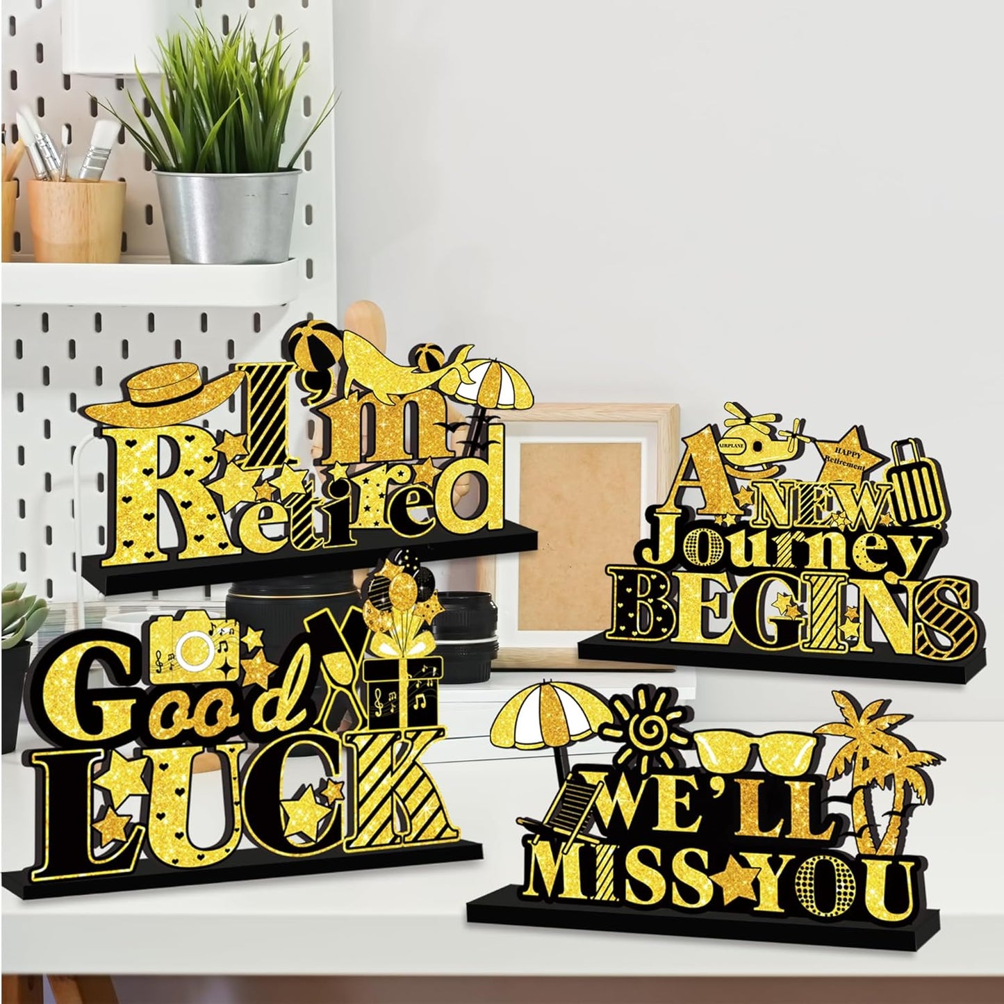 4Pcs Retirement Party Decorations Wooden Table Sign, Black Gold Retirement Wooden Table Centerpieces Party Supplies, Retired Theme Farewell Table Sign, Retirement Gift We'll Miss You Decor (black)