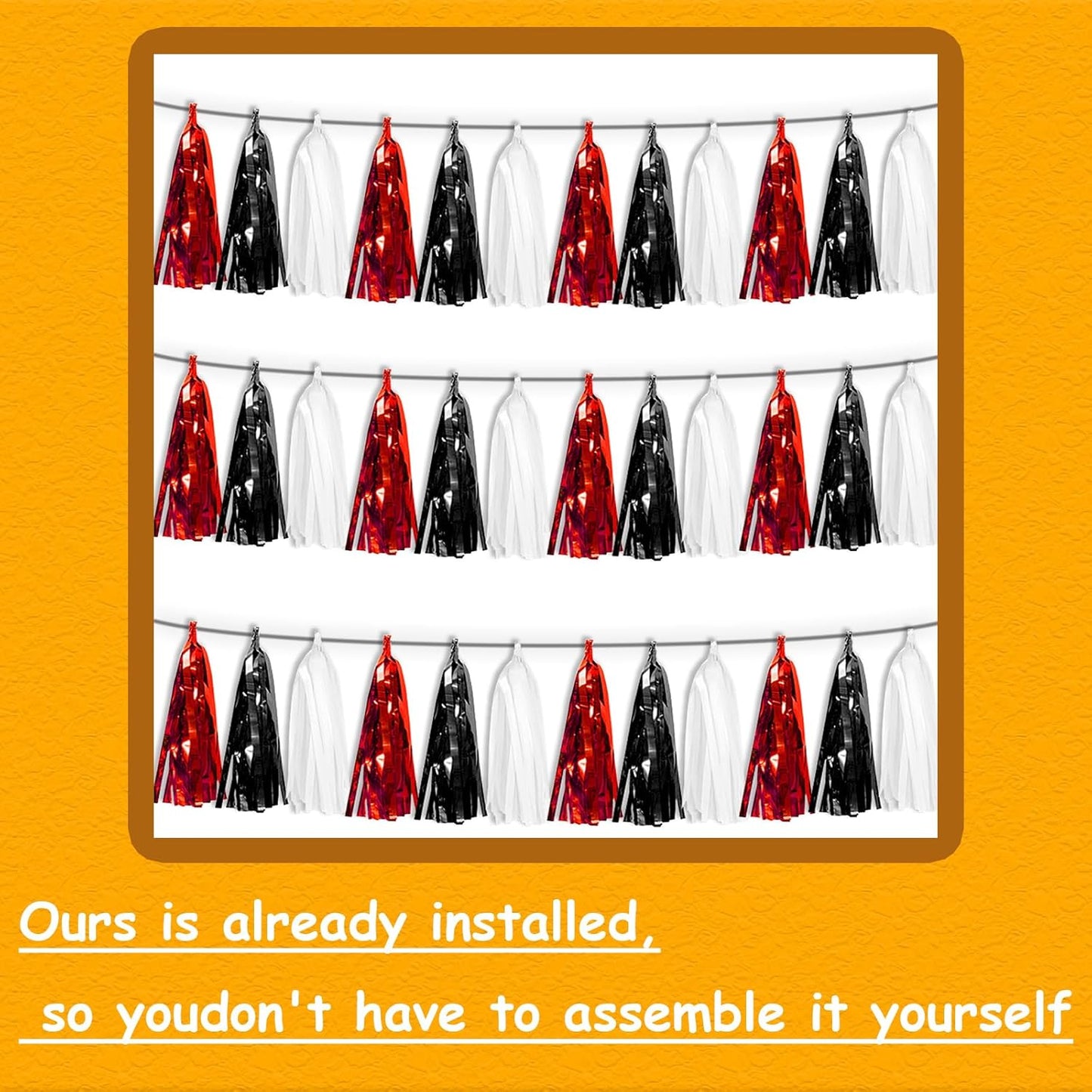 3P Black Red White Tassel Banner Garland Metallic Foil Fringe Banner Tinsel Tassels Streamer Banner Backdrop for Parade Floats Graduation, Halloween, Christmas, Father's Day Party Decorations