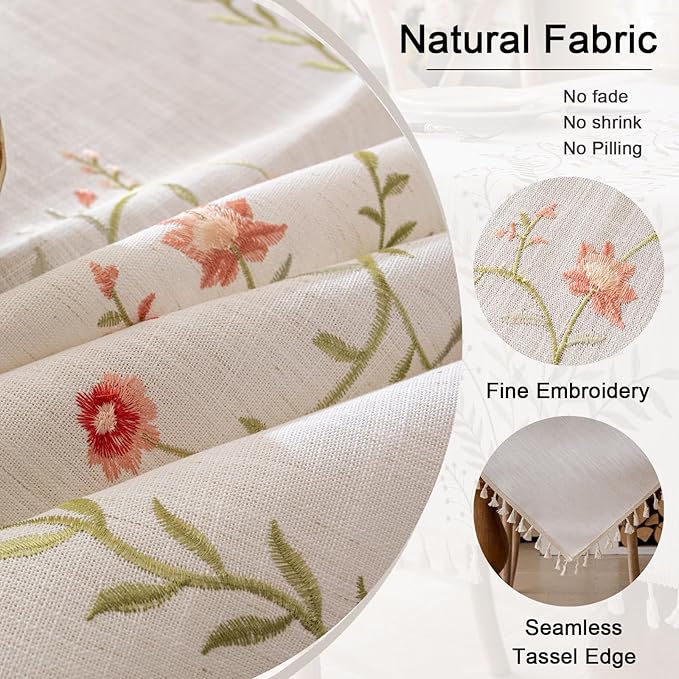 Joyfol Day Linen Waterproof Tablecloth with Tassels, Rustic Farmhouse Flowers Embroidery Table Cloths for Rectangle Tables, Heavy Weight Spill-Proof Table Covers, Pink Florals, 55''x 120''