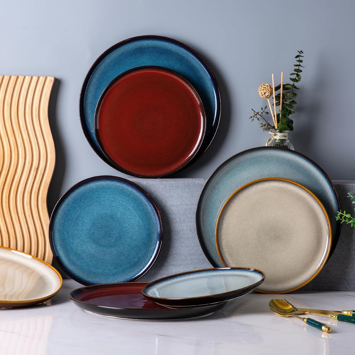 LERATIO Ceramic Plates Set of 6, 10.5 Inch Reactive Glaze Light Weight Porcelain Salad Plates,Modern Shape Dinnerware Dishes Set for Microwave& Dishwasher &Oven Safe,Scratch Resistant-Colorful
