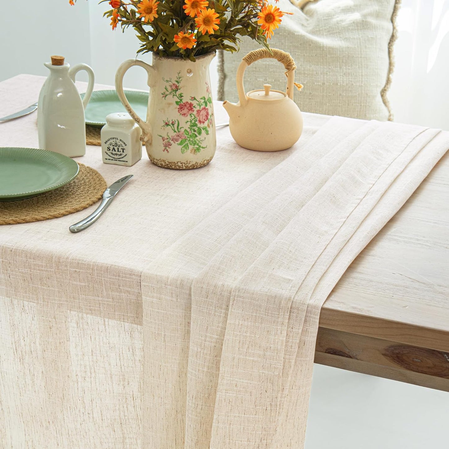 Natural Linen Textured Rectangle Tablecloth, Slubby Lightweight Table Cloth 52 x 70 Inch, Water Resistant Stain Resistant Farmhouse Burlap Table Cover for Kitchen Dining Room