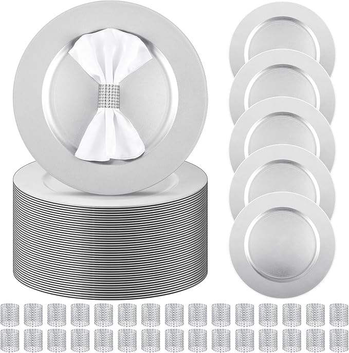Tanlade 100 Pcs Charger Plates Set Bulk Include 50 Plastic Plate Chargers and 50 Napkin Rings 13" Round for Dinner Table Setting Wedding Baby Shower Decoration(Silver)