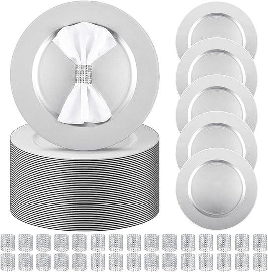 Tanlade 100 Pcs Charger Plates Set Bulk Include 50 Plastic Plate Chargers and 50 Napkin Rings 13" Round for Dinner Table Setting Wedding Baby Shower Decoration(Silver)