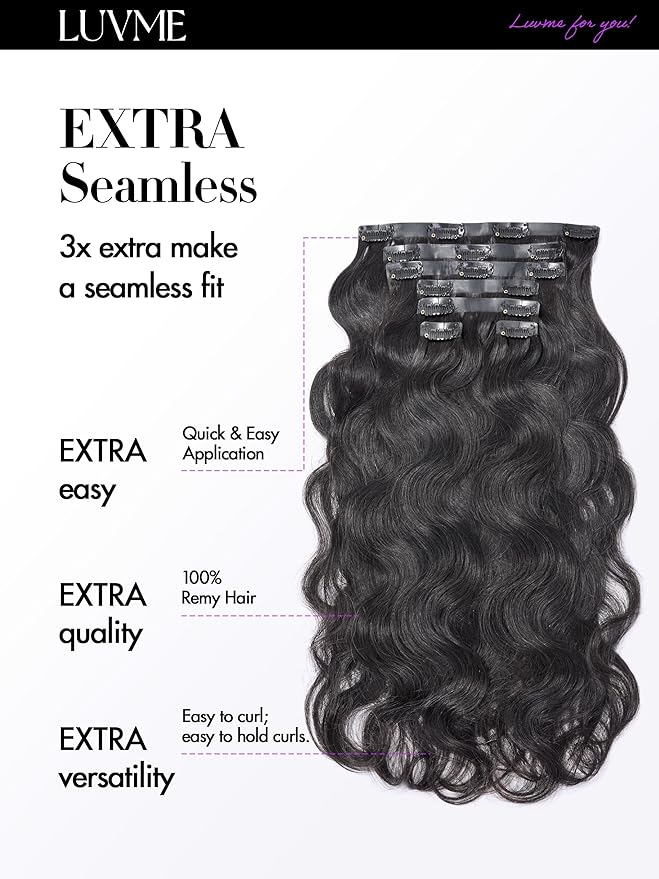 LUVME Body Wave Seamless Clip in Hair Extensions 2 Pack 220g, 16 Inch Natural Black, 100% Real Remy Human Hair, Soft Full Volume, Easy Clip Ins for Daily Wear, Work, Parties & Weddings