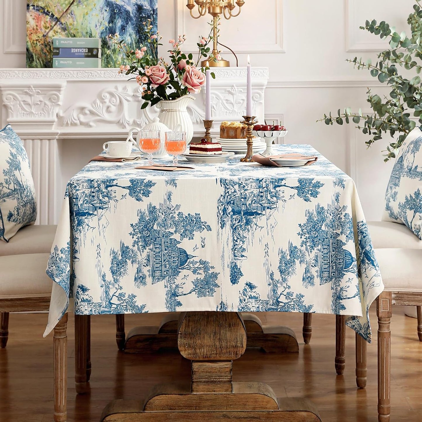 patdrea Designer Vintage Cyan Tablecloth for Rectangle Table,Linen Ancient Castle and Manor Pattern Tablecloths,Table Cover Decor for Kitchen Dining Christmas,Thanksgiving,55"x87"-Lucerne a