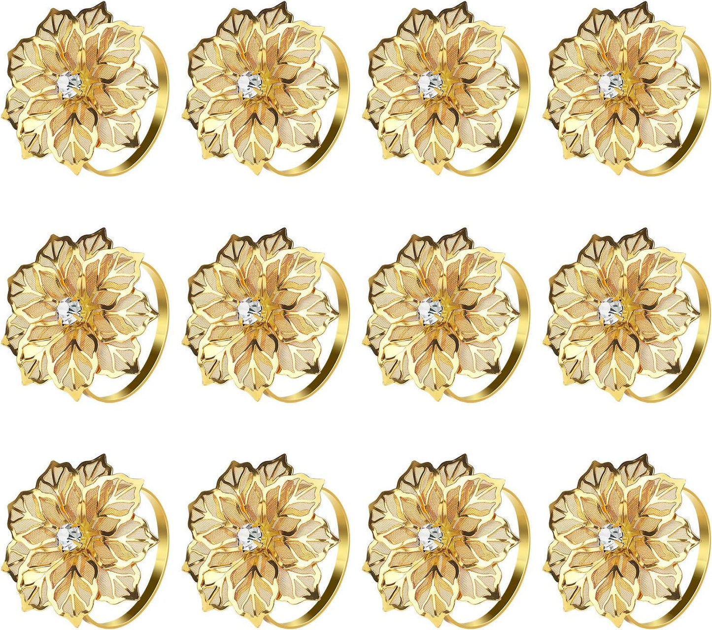 KPOSIYA Flower Napkin Rings Holder Metal Gold Napkin Rings Set of 12 for Wedding Party Holiday Banquet Christmas Dinner Delicate Serviette Buckles Decor Favor (12, Flower-Gold)