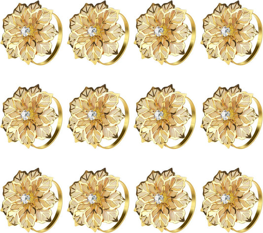 KPOSIYA Flower Napkin Rings Holder Metal Gold Napkin Rings Set of 12 for Wedding Party Holiday Banquet Christmas Dinner Delicate Serviette Buckles Decor Favor (12, Flower-Gold)