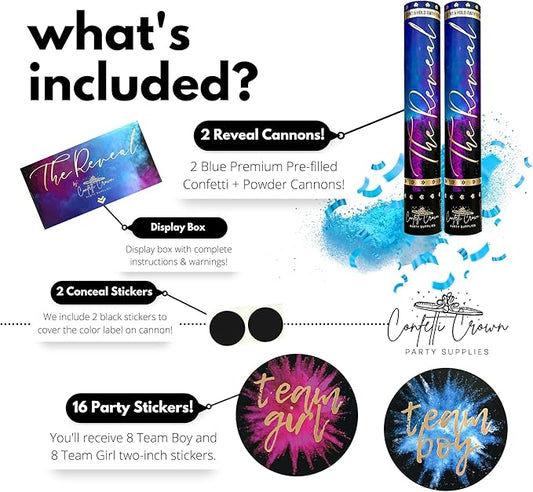 Confetti Crown Baby Gender Reveal Confetti Powder Cannon | 12” [PACK OF 2 Blue] - 100% Biodegradable Confetti & Powder Smoke (Blue)