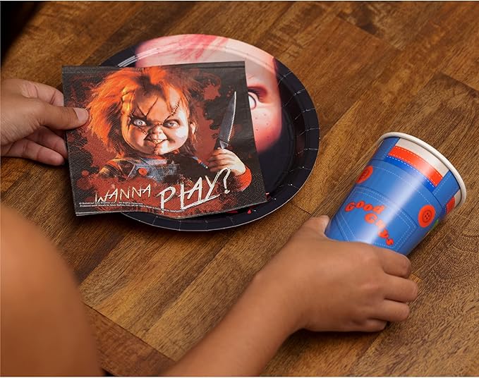Silver Buffalo Chucky Wanna Play 60 Pack Partyware Disposable Paper Plates, Napkins, and Cups