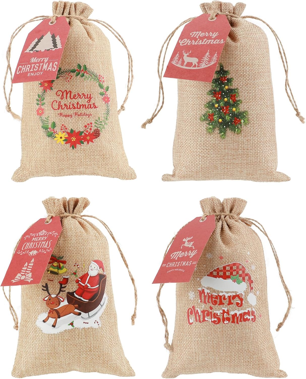 Tapleap Small Christmas Gift Bags, Burlap Coth with Drawstring, 5x8 Inches (Lot of 40) with Tags, String, for Wrapping Holiday Party Favors or Gifts for Coworkers, Kids Class, and Community Members
