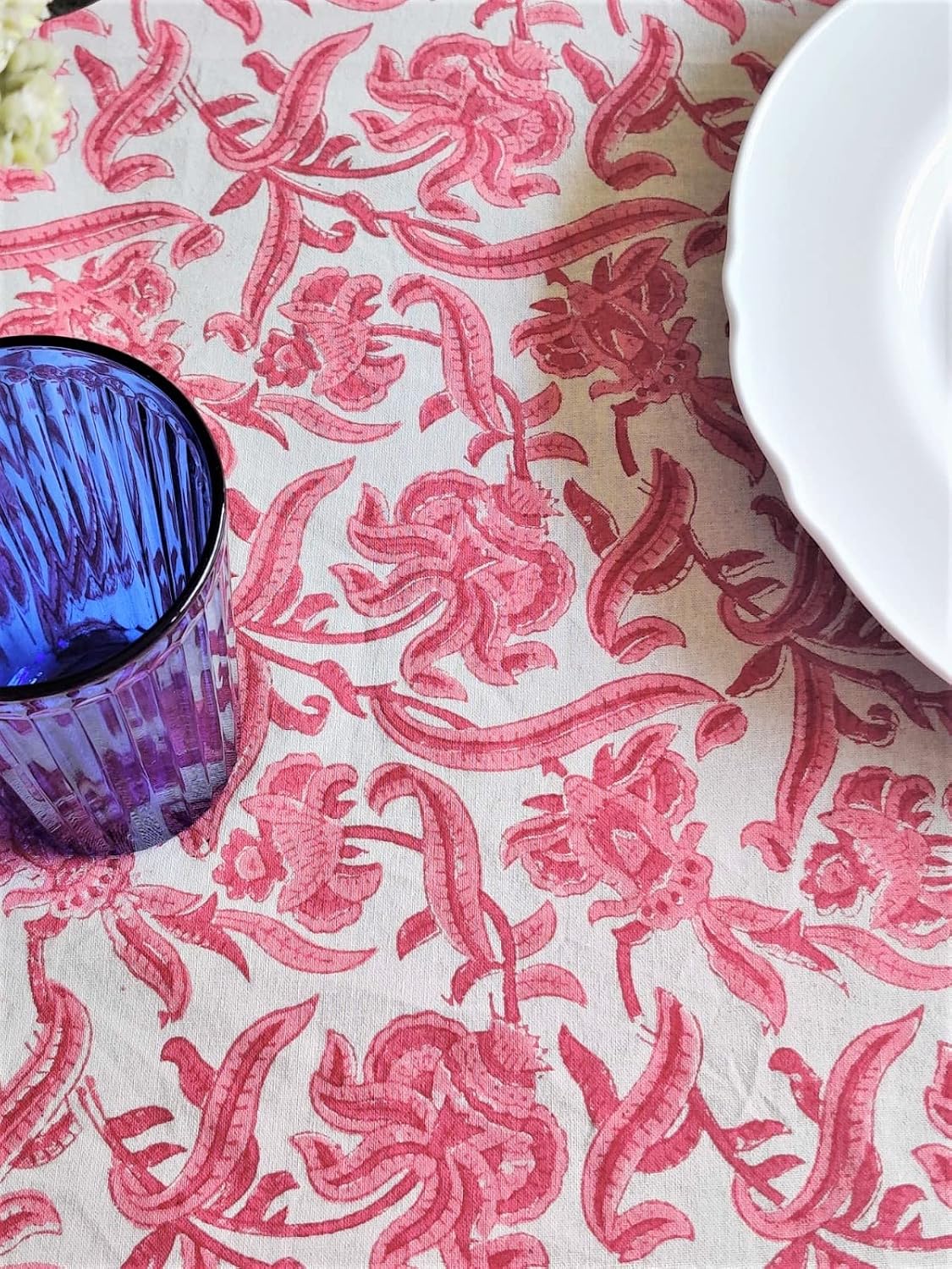 ATOSII Red Bloom 100% Cotton Tablecloth, Handblock Print Square Table Cover for Kitchen Dining I Tabletop Linen I Parties, Wedding, Spring SummerTable Cloth 60 X 60 Inches